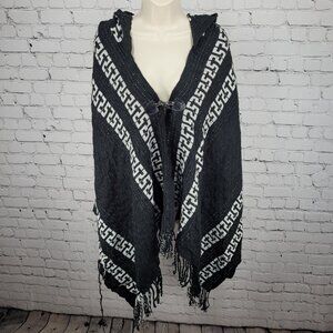 Free People Black White Hooded Toggle Boho Fringe Cape Sweater One Size O/S